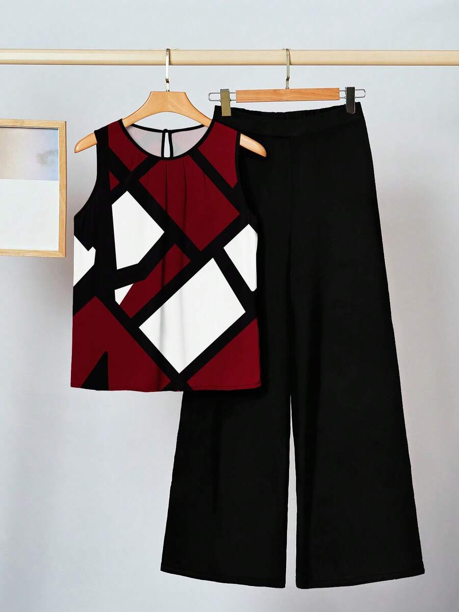 SHEIN Clasi 2pcs Women's Casual Minimalist Red, Black & White Abstract Geometric All-Over Print Set, Suitable For Spring/Summer - Multicolor - View 1