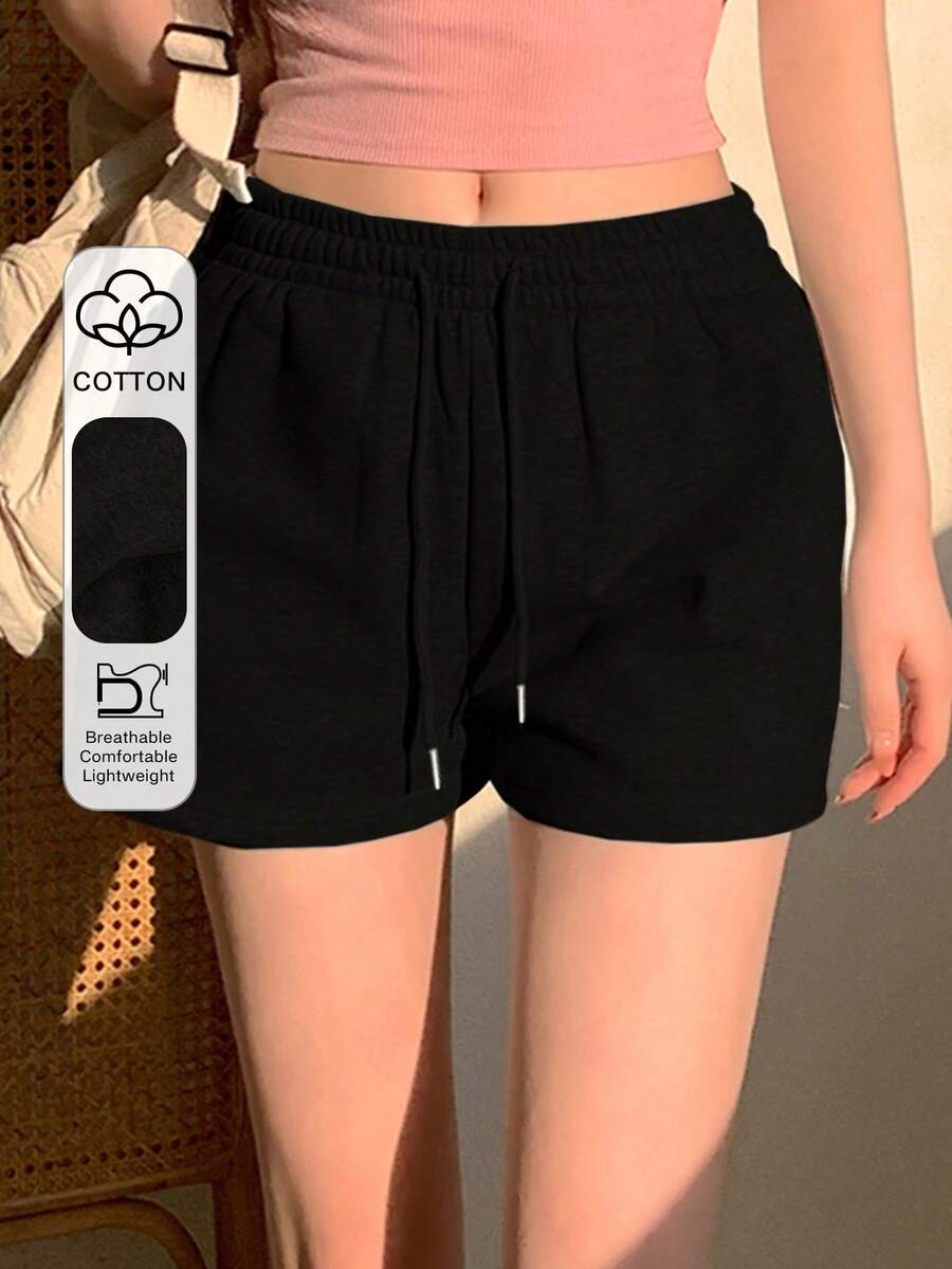 Joudiya Women Casual Solid Color Drawstring Waist Shorts, Summer Sweater Shorts - Black - View 1