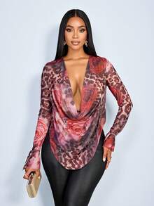 SOLERSUN Women's Elegant Sexy Rose Leopard Print Mesh Fabric Drape Neck Ruched Mesh Long Sleeve T-Shirt, Perfect For Valentine's Day Dating - Rose Red - View 7