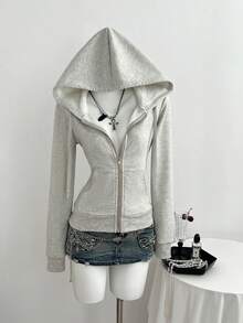 Elamini Fitted Vintage-Style Knit Elastic Hooded Thermal Lined Long Sleeve Pocket Sweatshirt For Women