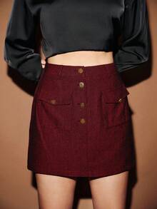 Chiquease Chân váy đơn sắc túi kim loại cổ điển dành cho nữ - Màu Đỏ Sâu - Xem 5