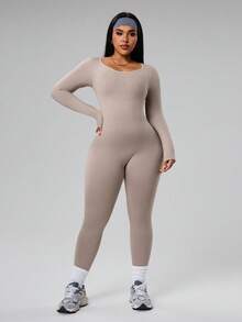 Rhythm Era Plus Size Women Seamless Backless V-Back Sports Jumpsuit - Khaki - View 4
