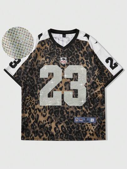 Prep Camiseta de manga corta con eslogan gráfico de ciudad estadounidense estilo hip-hop de la calle, con estampado vintage de animal y leopardo, apropiada para uso casual diario, primavera/verano para hombres