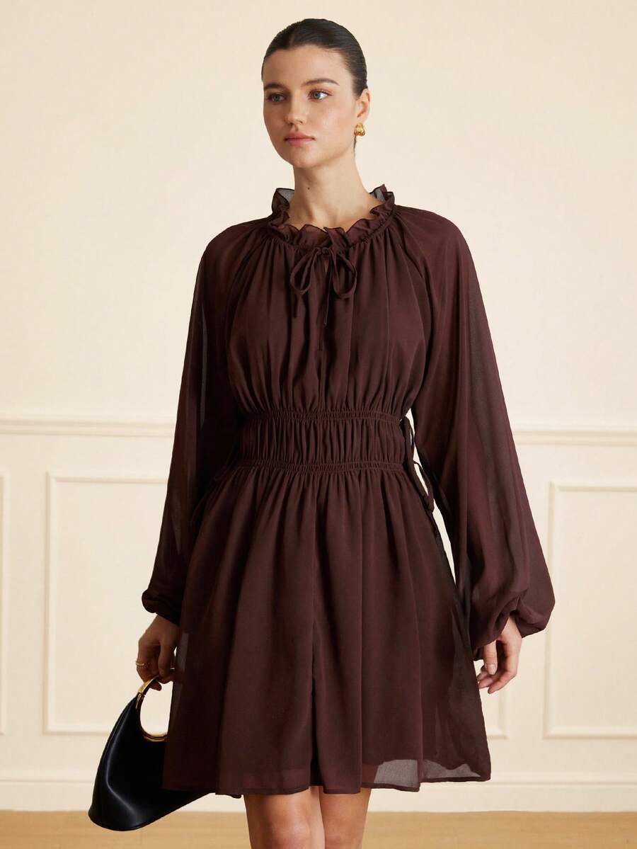 Aveloria Rosie Trendig design Sense Casual plisserad midja med lanternärm och långärmad klänning - Brun - Visa 1