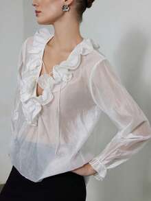 Aveloria Modichic French Ruffle Tie Cuff Unique Deep V Design Long Sleeve Blouse - White - View 3