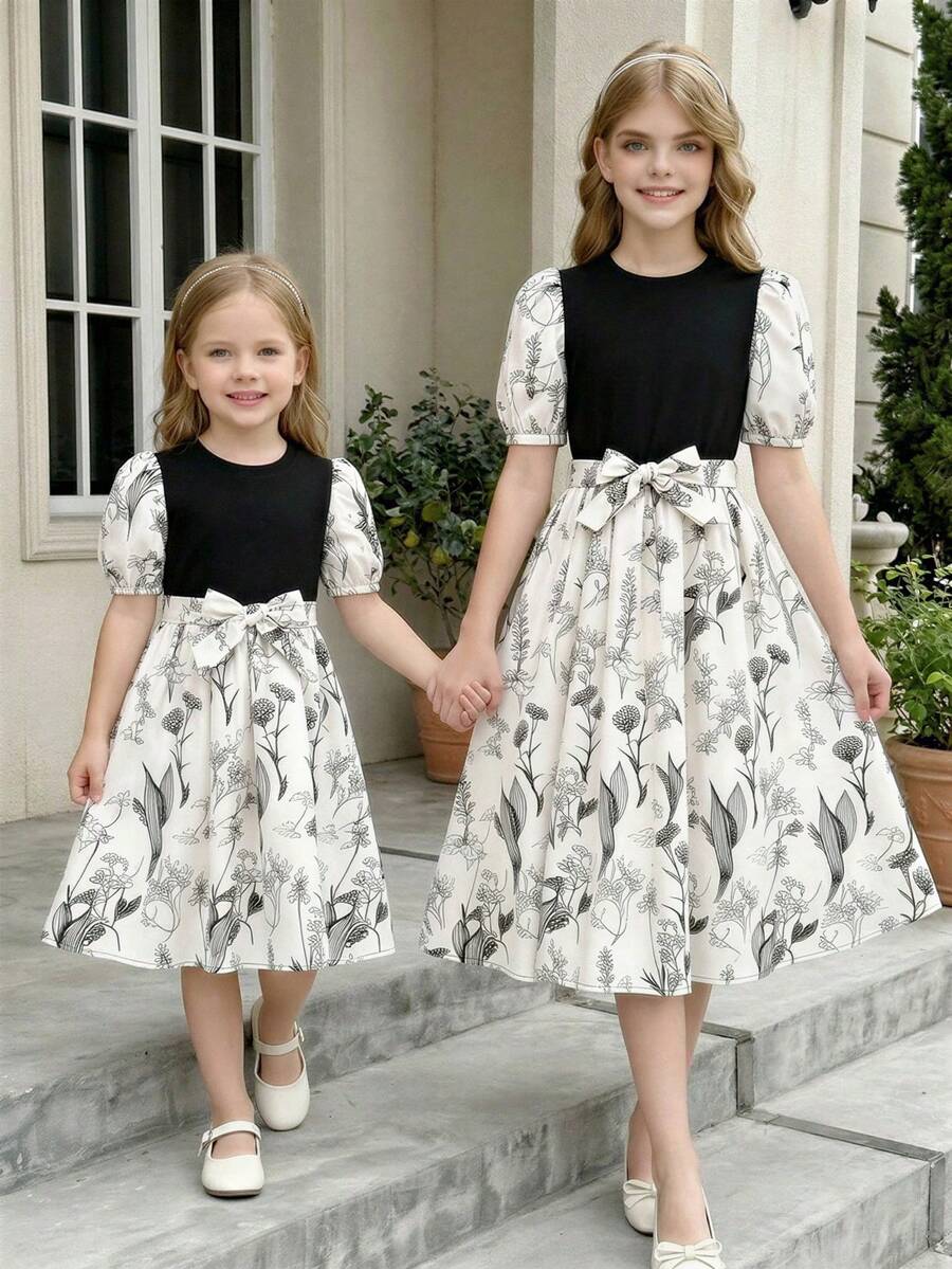 Tween Girls' Floral Print Knit Top & Skirt Mid-Length Dress, Suitable For Ages 8-12, Spring/Summer