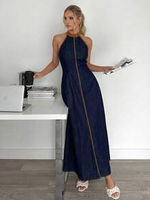 Siren Gaze Women's Casual Denim Halter Neck Dress With Contrast Trim, Summer - Dark Wash - View 1
