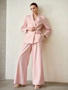 MOTF PREMIUM 2PCS WOMEN'S FASHIONABLE WAIST CINCHED BLAZER AND WIDE LEG SUIT PANTS, PINK - Pink - View 6