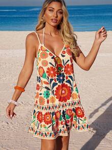 Swim Vcay Women's Casual Printed Sleeveless Beach Cover-Up Dress, Spring/Summer