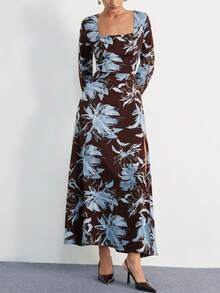 Aveloria Modichic Elegante vestido de manga larga con cuello cuadrado retro francés, cintura ceñida y bajo con abertura, versátil y favorecedora - Multicolor - Ver 1