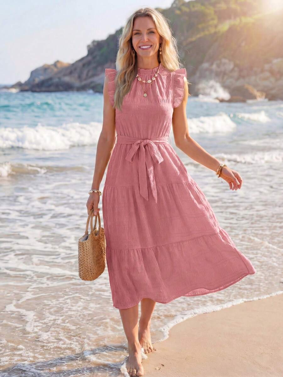 Sylviya Vestido con cinturón de lunares bajo con fruncido - Rosa vieja - Ver 1