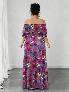 SHEIN Elenzya 大码女士浪漫抽象油画渐变花卉印花露肩泡泡袖褶皱腰身层叠荷叶边下摆S形下摆优雅约会度假乡村风中长连衣裙 - 玫紅色 - 查看 2