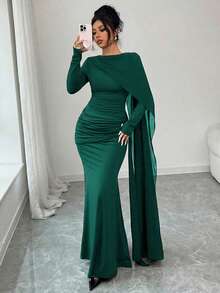 Elenzga Đầm nhung nữ dáng chữ A thanh lịch, lãng mạn, tinh tế, cổ áo choàng bất đối xứng, eo xòe, xếp ly, trang trí kim loại, thích hợp cho mùa Thu/Đông. - Màu xanh lá cây đậm - Xem 4