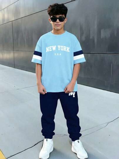 男童休闲简约时尚经典Y2K风67款美式复古运动宽松舒适百搭圆领短袖T恤裤套装