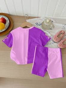 SHEIN 2pcs/Set Purple Contrast Color Cartoon Girl Portrait T-Shirt And Tight Cycling Shorts For Summer,Light Pink Casual Round Neck Short Sleeve Outfit - Multicolor - View 2