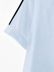 Everyssa 2pcs/Set Women's Fashion Round Neck Embroidered Print Contrast Trim T-Shirt, Casual Elastic Waist Embroidered Wide Leg Pants Set - Multicolor - View 3