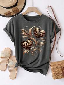 EMERY ROSE Áo thun nữ cỡ lớn tay ngắn cổ tròn in họa tiết hoa hướng dương và da báo - Màu xám đen - Xem 3