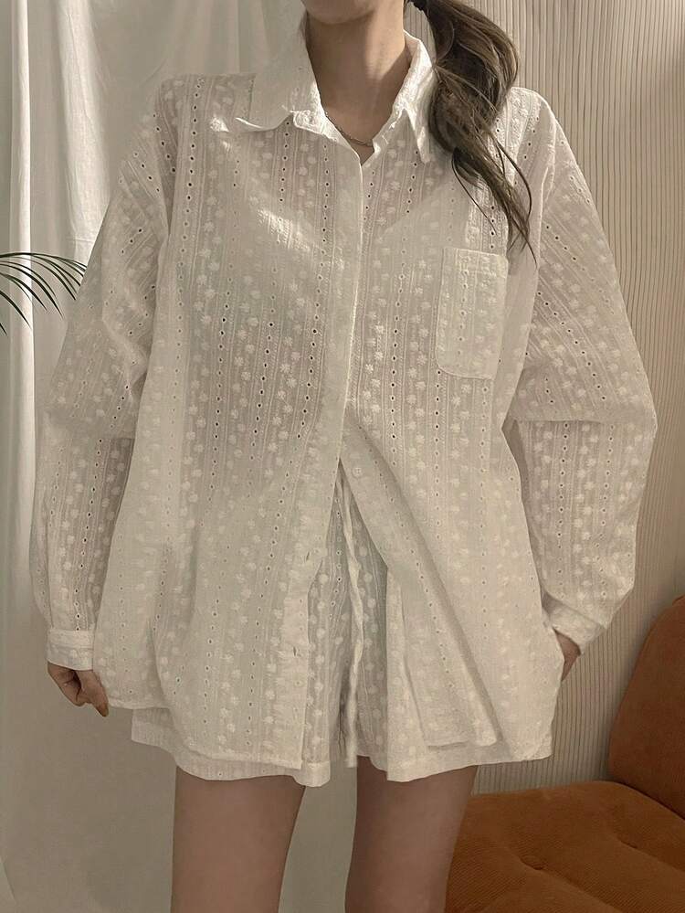 Women's Lace Collar Blouse And Shorts 2 Pieces Set