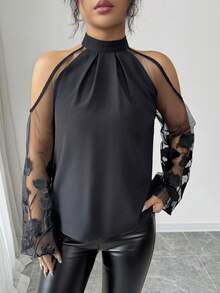 Ellegaria. Women's Casual Halter Neck Sheer Embroidered Loose Fit Solid Black Blouse, Suitable For Spring/Summer, Daily Wear, French Elegant - Black - View 5