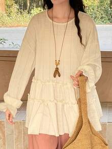 FRIFUL Women's Solid Color Round Neck Long Sleeve Textured Fabric Cuff Gathered Loose Casual Versatile T-Shirt - Apricot - View 3