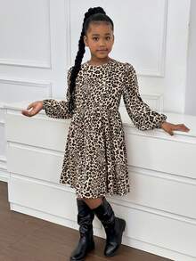 SHEIN Leap Crew Tween Girl Oversized Casual Leopard Print Dress With Bow Decor At Back, Suitable For Autumn & Winter - Multicolor - View 3