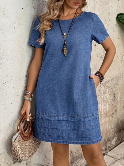 EMERY ROSE Women's Fashion Summer Short Sleeve Denim Dress