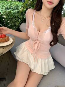 DAZY Women's Casual Knotted Crew Neck Fitted Short Sleeve Knit Top, Summer - Pink - View 7