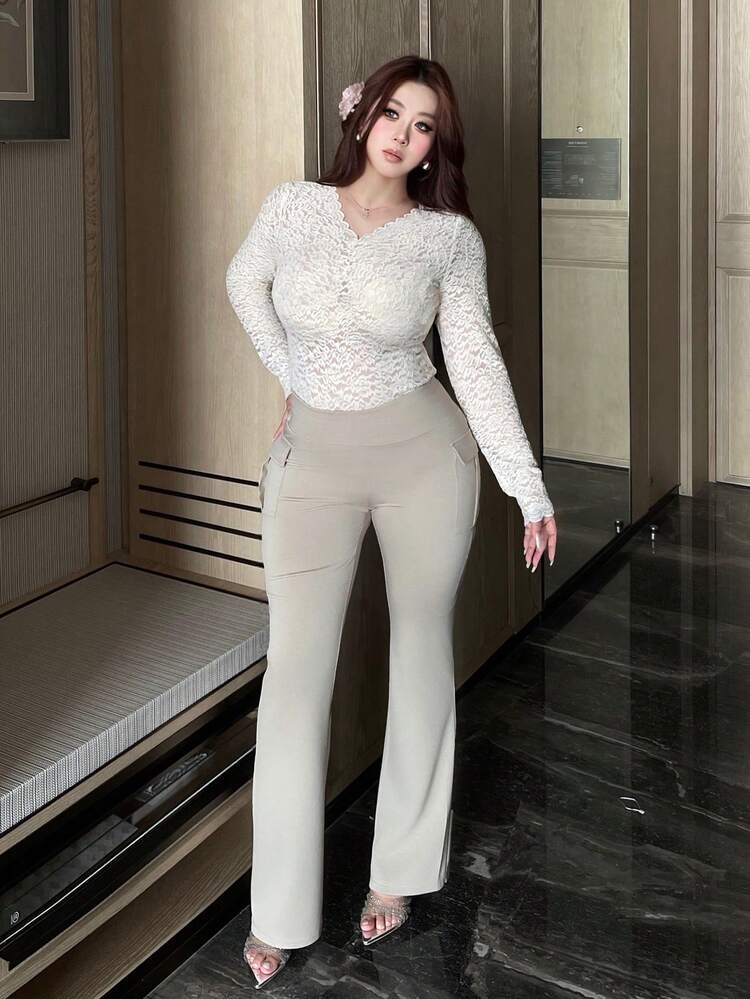 Dazy Plus Elastic Fitted Side Pocket Flared Leg Ankle Length Black Pants, All Season