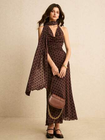 Poéselle 女士波点印花极简露背连衣裙，休闲日常穿着