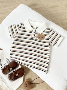 SHEIN Playful Pals Baby Boy Classic Green Waffle Fabric Apricot Polo Shirt, White Contrast Buttons Half Placket Short Sleeve Casual Top, Summer Streetwear Activewear For School, Holiday, Outdoor Retro Vintage, Baby Boy Clothes, Polo  Boy For Baby Baby Clothes ,Toddler Button Up Boy Baby Clothes  Toddler Clothes,6M-3T - Khaki - View 6