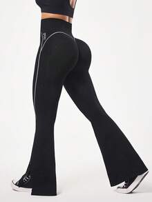 Seamluxe SHEIN Sport High Waist Seamless Stretchy Flare Leg Women Sports Pants With Contrast Trim - Black - View 1