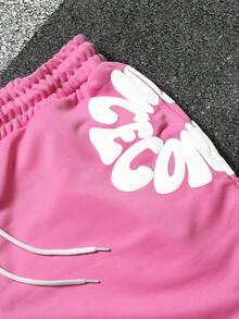 SLATEMANN Men's Casual Letter Print Drawstring Waist Shorts, Summer - Pink - View 5