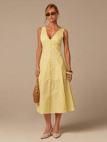 COSMINA Đầm không tay cổ chữ V thêu họa tiết, trang trí cúc, kiểu dáng thanh lịch dành cho nữ, phù hợp mặc hàng ngày, đi nghỉ mát, ngày Valentine, dự đám cưới, dạo phố, màu vàng nhạt. - Màu vàng ngỗng - Xem 2