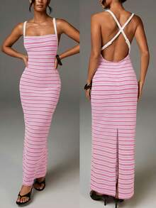 Athîral 女士条纹紧身长吊带派对连衣裙 - 淺粉色 - 查看 6