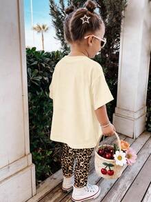 SHEIN Ensemble t-shirt à manches courtes col rond ample et leggings pour bébé fille, motif nœud imprimé léopard beige et rétro, convient pour le printemps/été - Multicolore - Voir 2