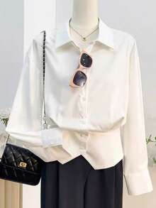 INAWLY Women's White Front Button Down Dropped Shoulder Long Sleeve Casual Blouse - White - View 1