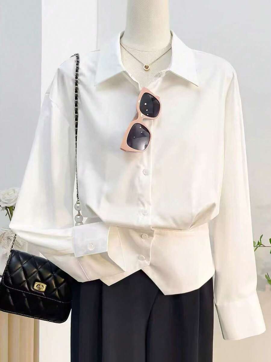INAWLY Women's White Front Button Down Dropped Shoulder Long Sleeve Casual Blouse - White - View 1
