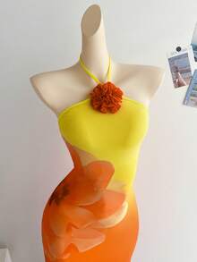 Soleia Women's Romantic Sunset Ombre Elegant 3D Flower Halter Tie Dress, Suitable For Vacation