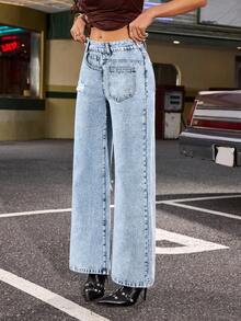 Jeanoix Women's Y2K Casual Everyday Commute Patchwork Design Distressed Loose Wide-Leg Jeans - Light Wash - View 3