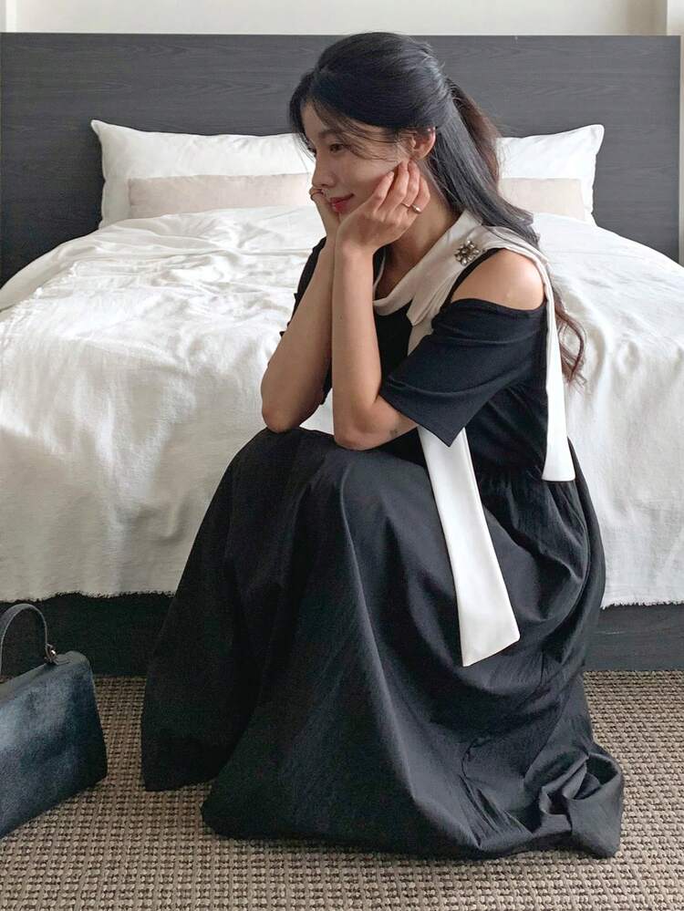 Women's Cold Shoulder Bowknot Tie Waist A-Line Midi Dress Sundress