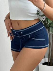 SHEIN EZwear Women's Colorblock Drawstring Super Short Shorts With Contrast Stitching, Navy Blue Shorts - Navy Blue - View 4
