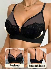 DesireSculpt 1pc Women's Lace Patchwork Wireless Bra - Black - View 1