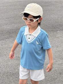 SHEIN 2 Pieces Set Of Young Boys Boys' Casual Sportswear Includes A Cute Little Dinosaur-Patterned 2 In 1 Polo Shirt And Shorts Set, Suitable For Kids' Outfits, Young Boy Clothes, Back To School Boys Set, Suitable For Birthday Parties, Evening Events, Performances, Weddings, Baptisms, And School Commencements. It Is Suitable For Daily Wear, School, Travel, Sports, And Spring And Summer Seasons. - Dusty Blue - View 7