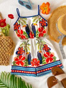 Sparklyn Tween Girl Parrot & Floral Print Hollow Out Casual Everyday Vacation Jumpsuit - Multicolor - View 1