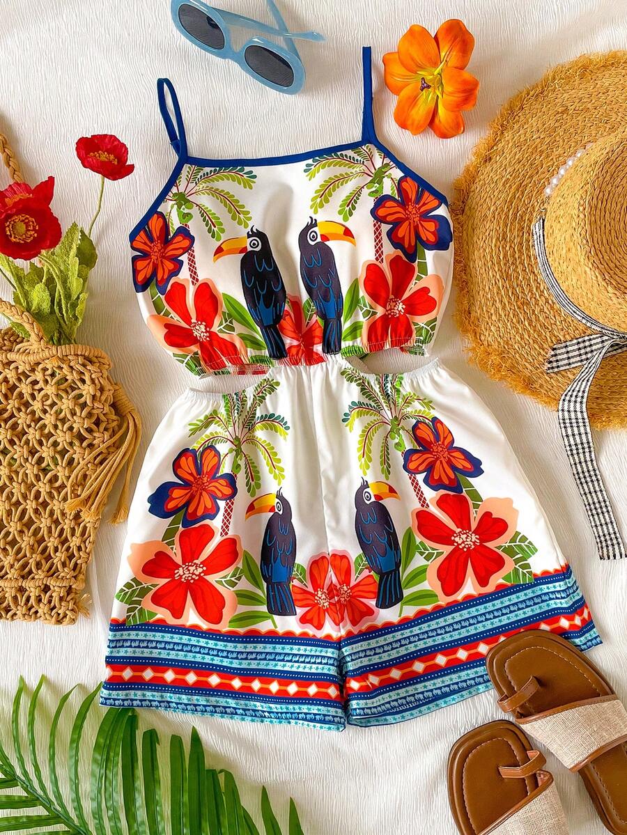 Sparklyn Tween Girl Parrot & Floral Print Hollow Out Casual Everyday Vacation Jumpsuit - Multicolor - View 1