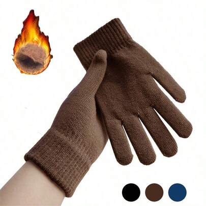 1pair Unisex Winter Warm Hand Warmers Brown Gloves Full Finger Knitted Gloves Women Men Warm Winter Outdoor Ski Liner Gloves Cycling Gloves