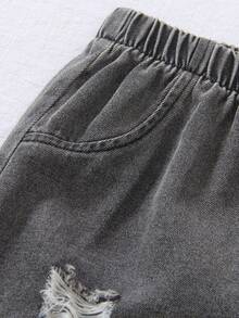 1pc Young BoyCasual Versatile Washed Blue Denim Shorts - Black - View 5