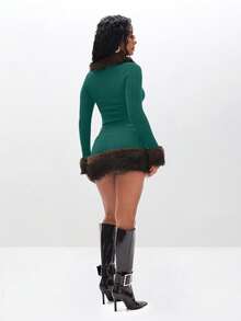 BABYPHAT Knit Mini Skirt With Faux Fur Trim Ribbed Texture Fall Winter Fashion - Army Green - View 2