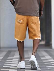 Manfinity Roughcore Men's Solid Color Distressed Frayed Hem Loose Fit Denim Shorts, Summer Men's Ripped Denim Shorts - Brown - View 6