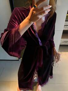 DAZY Women's Loose Fit Long Velvet & Lace Patchwork Robe, Autumn/Winter - Burgundy - View 3